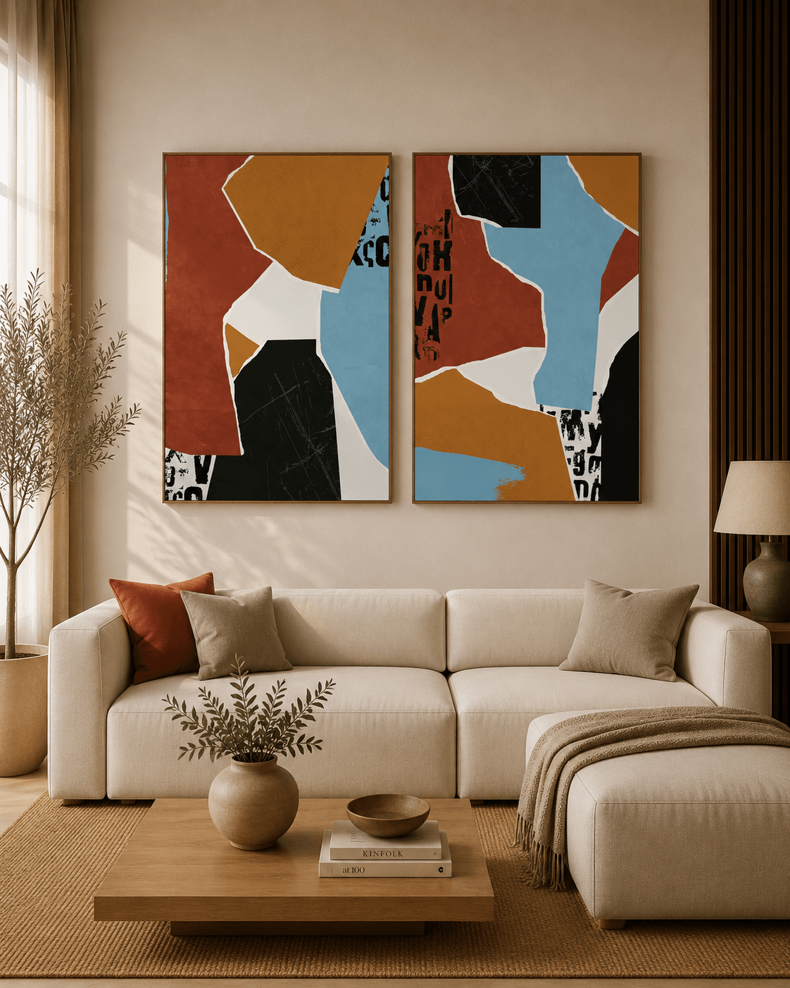 KIT 2 QUADROS DECORATIVOS  - ABSTRATO RECORTES AZUL TERRACOTA E PRETO